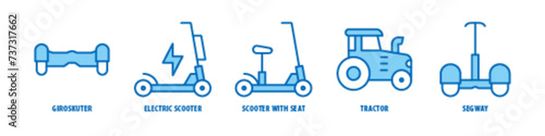 Segway, Tractor, Scooter with seat, Electric scooter, Giroskuter editable stroke outline icons set isolated on white background flat vector illustration.