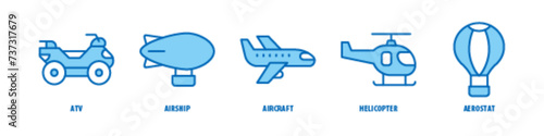 Aerostat, Helicopter, Aircraft, Airship, ATV editable stroke outline icons set isolated on white background flat vector illustration.