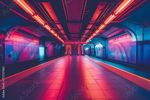 A retro futuristic subway station eerily empty with surreal shapes and architecture lit by neon lights