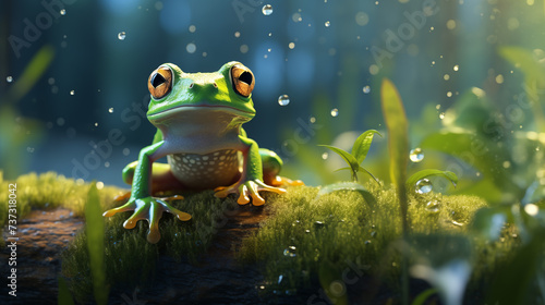 A green frog on a dewy leaf. © ZethX
