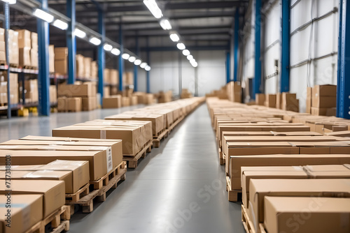 Conveyor belt in a distribution warehouse with a row of cardboard box parcels for e-commerce delivery and automated logistics concepts as a large banner with copy space design. © Mahmud