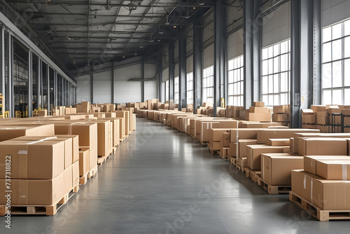Conveyor belt in a distribution warehouse with a row of cardboard box parcels for e-commerce delivery and automated logistics concepts as a large banner with copy space design.