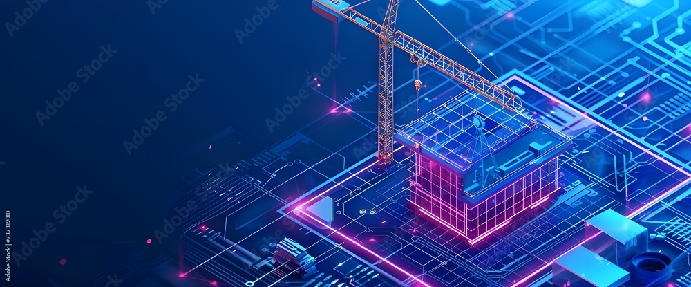 Fototapeta premium Holographic construction crane simulation, future technology, holographic technology, design engineering, blue and white tones. Generative AI