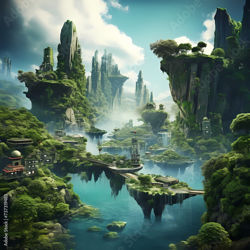 Surreal floating islands with waterfalls and lush vegetation.