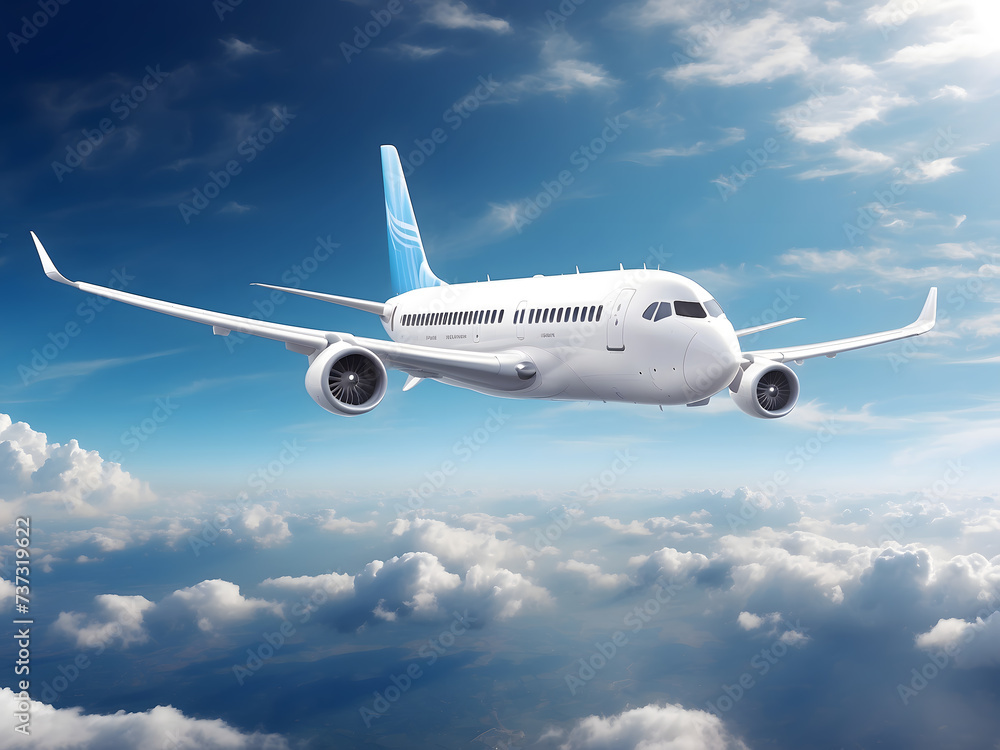 Fototapeta premium Datum budget and flight itinerary of commercial jet soaring through clouds in the sky as banner poster design for air travel and holiday vacation airline travels design.