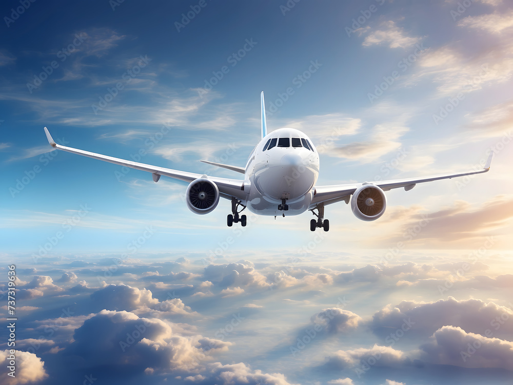 Fototapeta premium Datum budget and flight itinerary of commercial jet soaring through clouds in the sky as banner poster design for air travel and holiday vacation airline travels design.