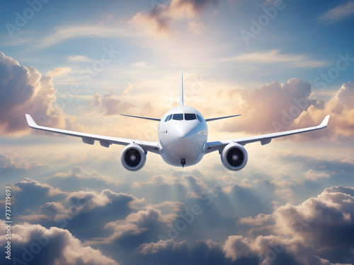 Datum budget and flight itinerary of commercial jet soaring through clouds in the sky as banner poster design for air travel and holiday vacation airline travels design.