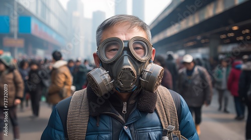 An elderly man wearing a gas mask and glasses during the global pandemic of a dangerous virus, air contamination with chemicals in the city center. Post-apocalypse.