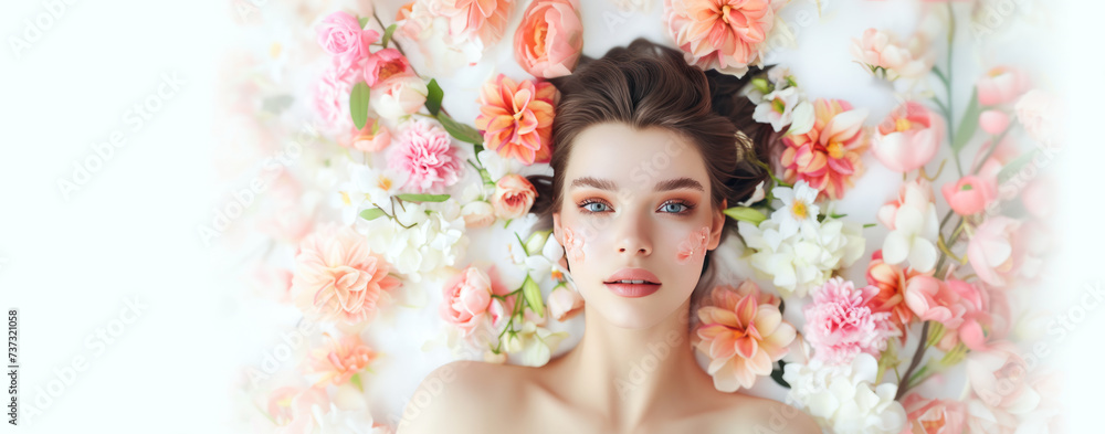 Beautiful model's face with clean fresh skin and natural make up framed in tender flowers banner. Skin care. Cosmetology, beauty saloon, spa promotion. Cosmetics, perfume store advertising. Copy space Beautiful model's face with clean fresh skin and natural make up framed in tender flowers banner. Skin care. Cosmetology, beauty saloon, spa promotion. Cosmetics, perfume store advertising. Copy space