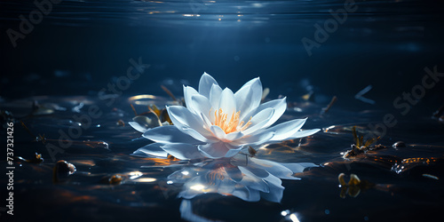  Beautiful lotus made of ice on a glowing dark blue background Water lily on the lake with rays of light     