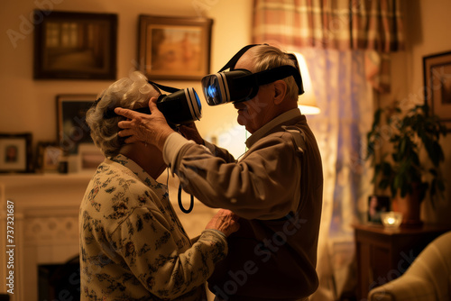 Elderly Couple enjoy Virtual Reality Headset in living room. 
