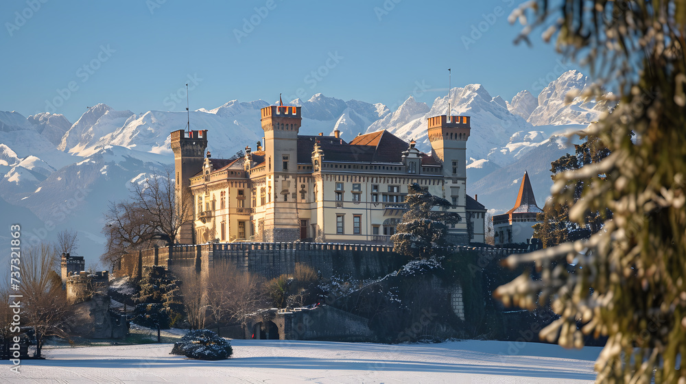 A grandiose castle, with snow-capped mountains as the background, during a clear winter day