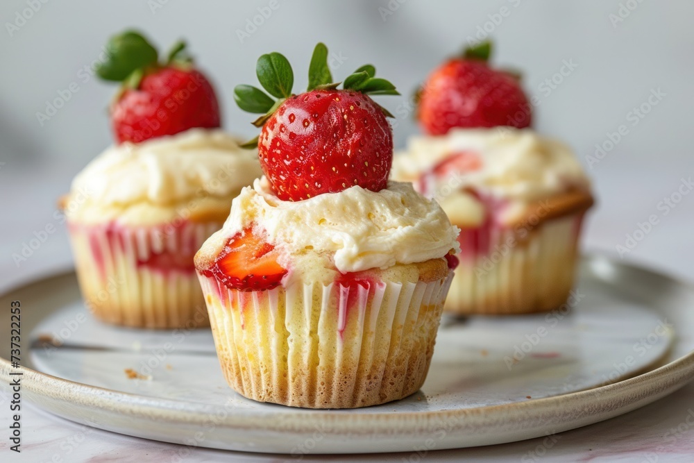 a creamy strawberry cheesecake muffins on plate