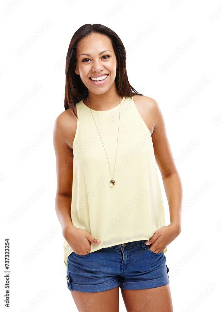 Obraz premium Portrait, smile and fashion with chic woman isolated on transparent background in trendy clothing. Happy, style and casual shorts with confident young model in relaxed tank top outfit on PNG