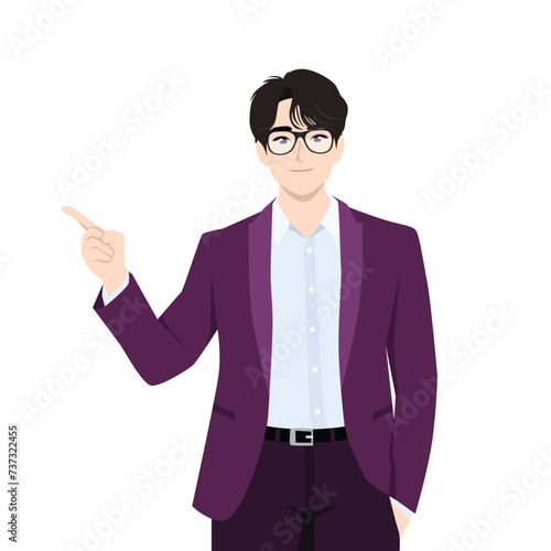 Happy businessman pointing up index finger gesture to copy space. Flat vector illustration isolated on white background