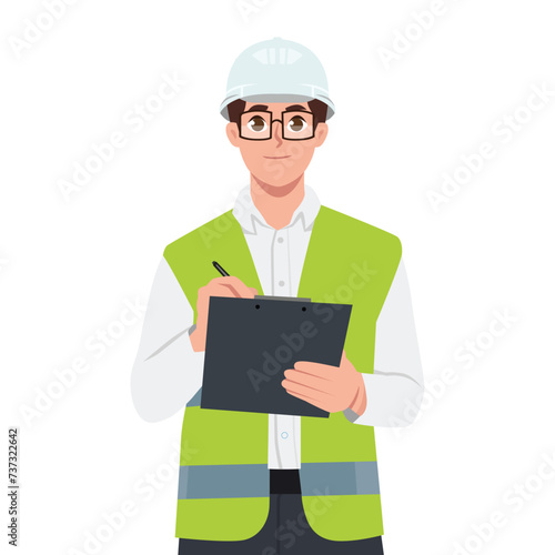 Young foreman in safety jacket taking notes on clipboard. Flat vector illustration isolated on white background
