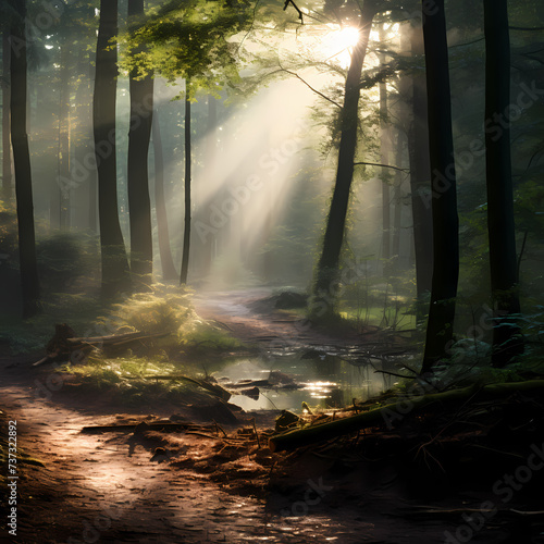 A mysterious forest with sunlight filtering through the leaves