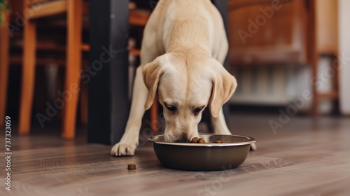 A Labrador Retriever dog eats food from a bowl at home.