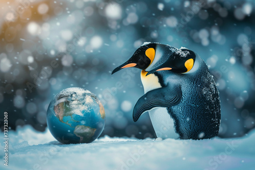 A unique representation of a penguin giving planet earth a big hug