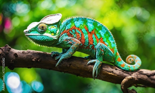 Colorful chameleon on the tree in the forest. Close up. ai generative