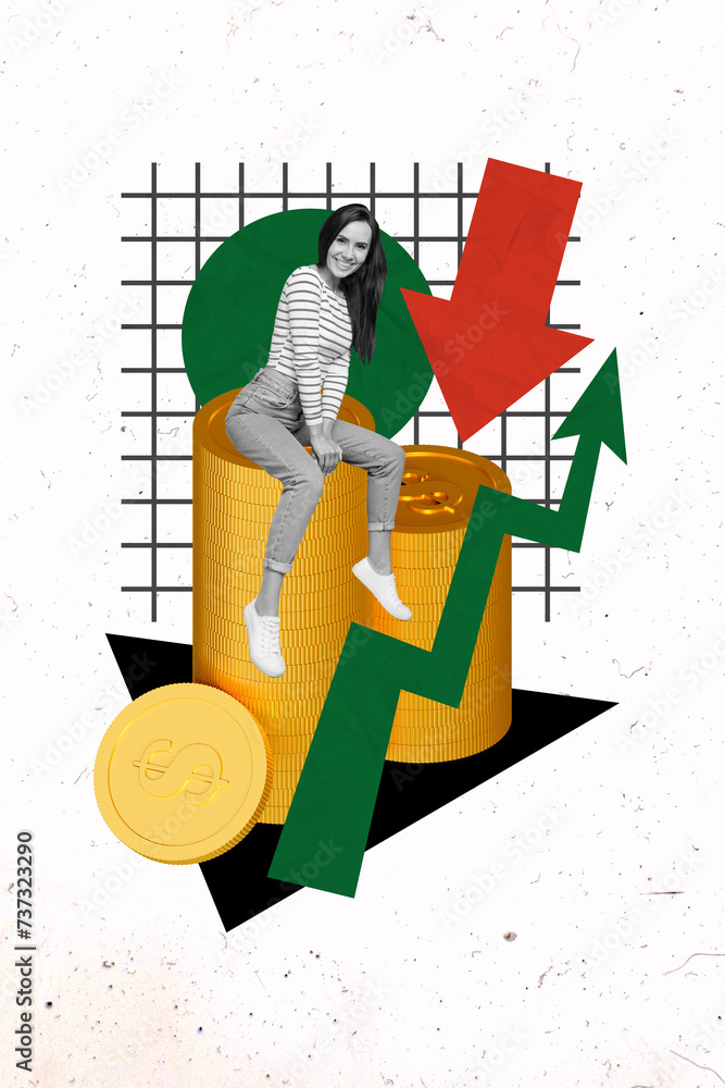 Φωτογραφία Collage illustration of young business woman sitting golden coins she made in tr
