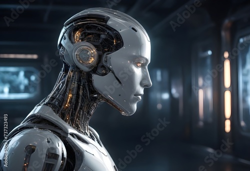 A humanoid robot with a detailed metallic neck and a portion of the head showing intricate gears , set against a dimly lit industrial background © sanart design