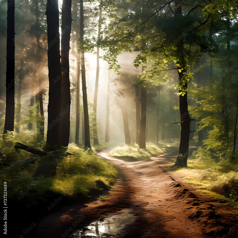A serene forest scene with sunlight filtering through the leaves.
