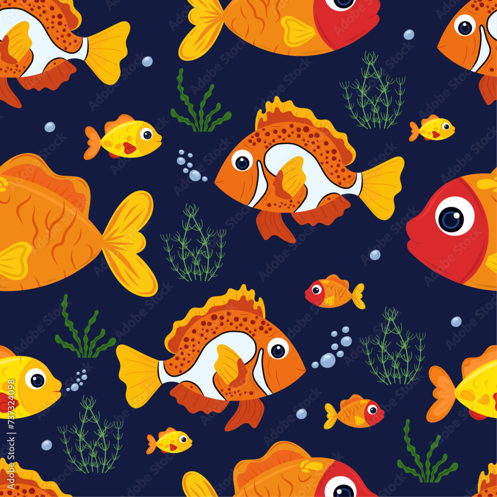 Naklejka premium Funny fish and water plants pattern on dark blue background. Sea cartoon theme. For wallpaper, book characters, prints.