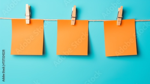 Orange Post it notes hung on pegs with blank space on a blue background photo
