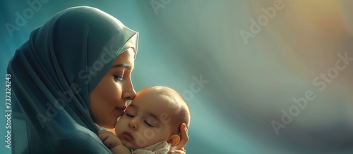 Portrait a muslim mother in hijab with her baby on blur background. AI generated image
