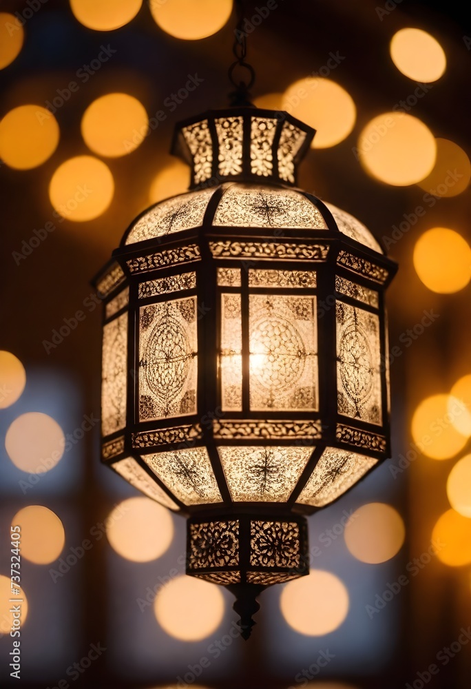 slamic ramadan fasting, Eid Mubarak - A close-up of an ornate lantern with intricate cut-out patterns illuminated from within, against a background of sparkling golden bokeh lights.