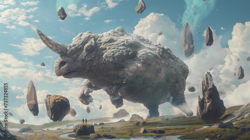 An ethereal vision of a humongous beast traversing through a surreal landscape featuring floating stones and liquid skies photo