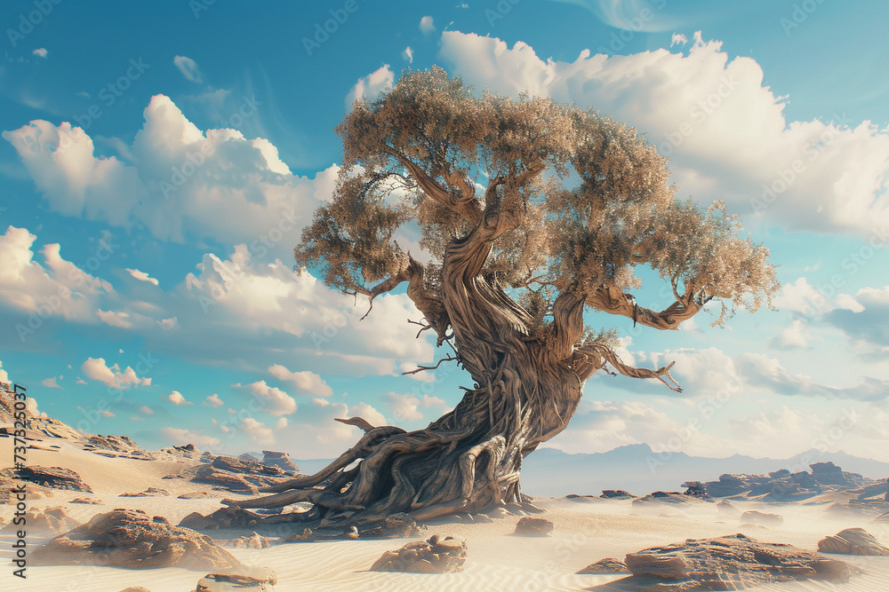 An intricate 3D render of a grotesque gnarled tree growing in the middle of a surreal desert  - obrazy, fototapety, plakaty 