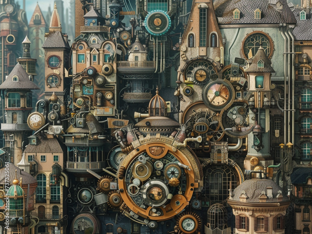 An intricate composition of a steampunk themed city with many inhabitants displaying varied types of prosthetic parts