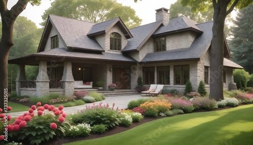 A large modern house with light roofing, several dormer windows, and a mix of stone exterior, surrounded by a lush lawn with vibrant flowers, tall trees, and a cozy patio area with modern outdoor photo