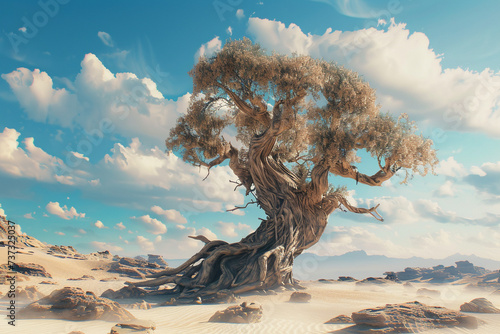 An intricate 3D render of a grotesque gnarled tree growing in the middle of a surreal desert  photo