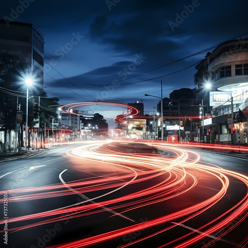 A busy intersection with light trails from passing cars.