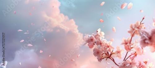 Beautiful cherry blossoms with petals gently falling on a soft blur background. AI generated