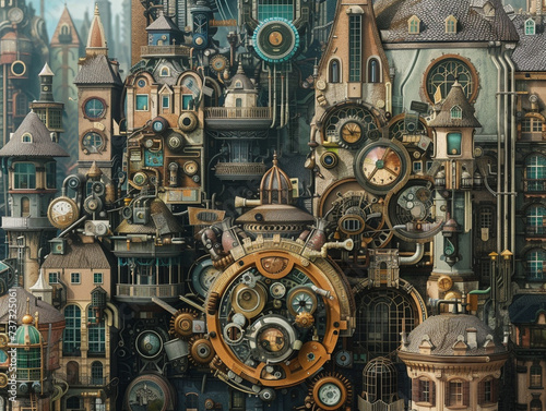 An intricate composition of a steampunk themed city with many inhabitants displaying varied types of prosthetic parts