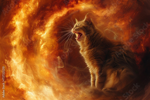 Angrily hissing cat sitting amidst a fiery vortex photo