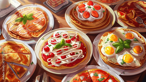 Artistic representation of popular toppings seen in both pancakes and pizzas