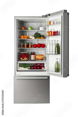 A view inside an open refrigerator reveals a wide variety of food items stored within. isolated