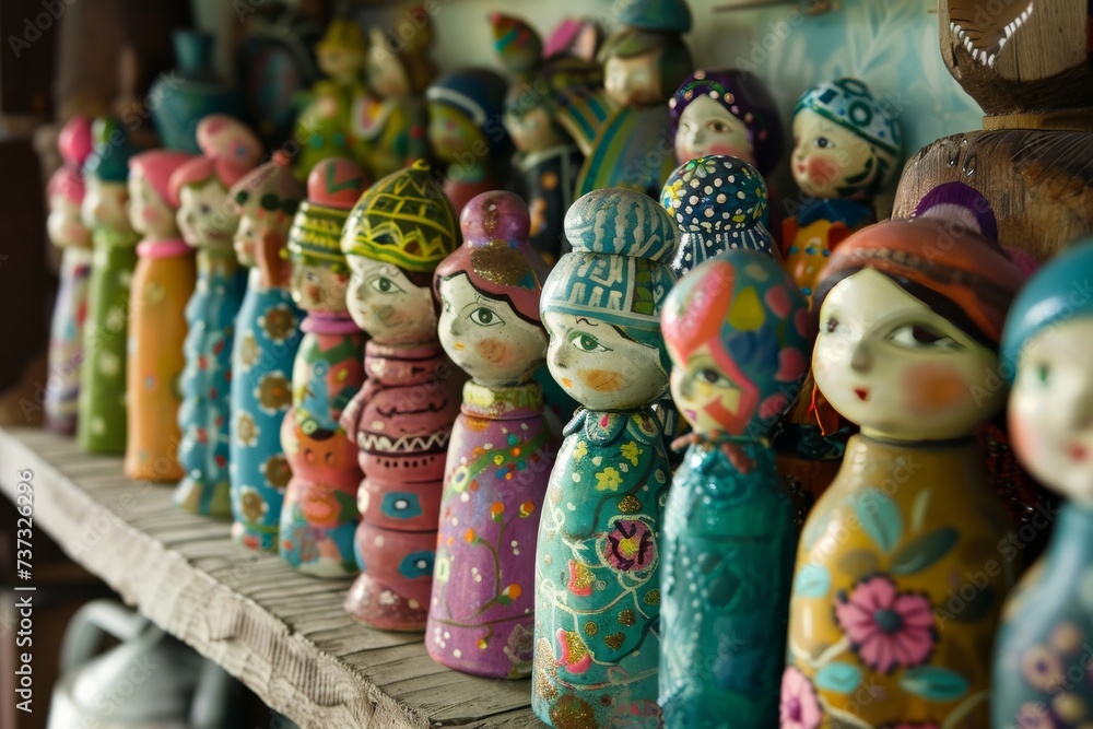 Craft an enchanting portrait showcasing a childs collection of colorful lead dolls