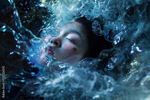 Craft an otherworldly scene where a woman emerges from a biotech cocoon embodying the transformative power of blending human biology with aquatic creatures