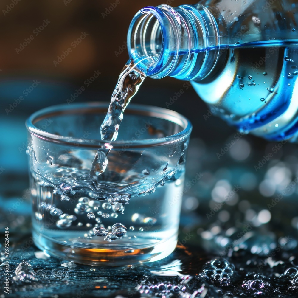 Purified Refreshment: Close-Up Pour of Fresh Water from Bottle. Purified Refreshment: Close-Up Pour of Fresh Water from Bottle.