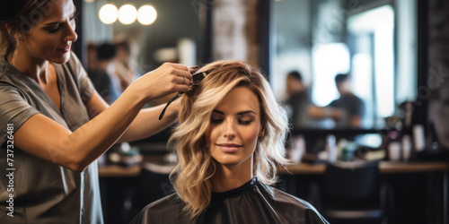 Professional Hairdressing: A Stylish Female Client with an Attractive Hairstyle Getting a Haircut at a Modern Salon