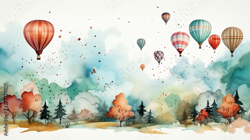 The image presents a scene where multiple hot air balloons, adorned in vibrant stripes and patterns, gracefully rise in the sky scattered with small dots that suggest a celebratory release or distant 