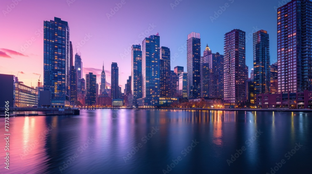 Sunset cityscape with skyscrapers reflecting on tranquil water