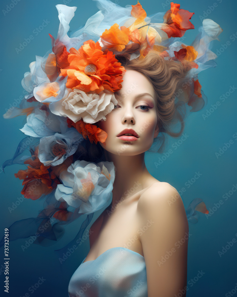 Sensual Floral Beauty: A Young Woman with a Glamorous Ladylike Fashion Style, highlighted by a Stunning Hairstyle and Makeup, adorned with Fresh Pink Flowers and a Delicate Rose Wreath, against a