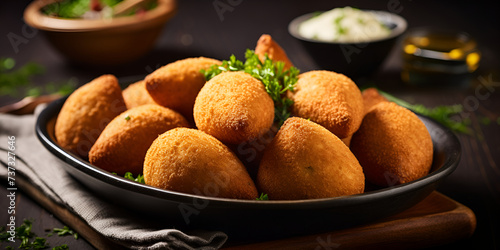 Traditional fried snack made with chicken known dish dark wooden table background